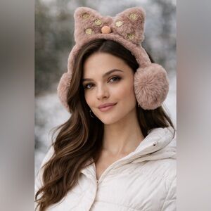 NEW Women’s Earmuffs Eurasier Spitz Ears Fuzzy Fun Warm Bow Bling Pink Gold